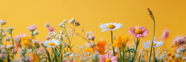 Photo a vibrant field of wildflowers in full bloom against a bright yellow background symbolizing ne