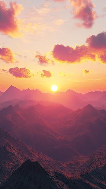 A vibrant fiery sunset paints the sky above a rugged mountain range casting a warm glow across the landscape