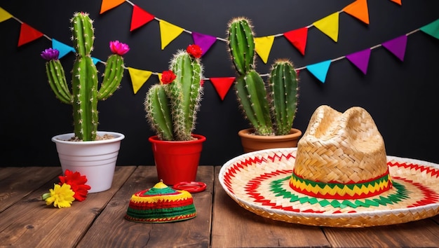 Vibrant fiesta setup with sombrero cacti and colorful decorations