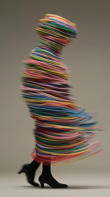 Photo vibrant figure wrapped in colorful strands dances gracefully in a minimalist studio