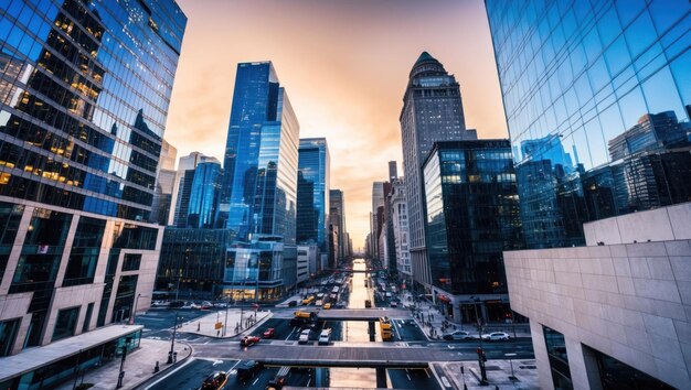 Photo vibrant financial district showcasing tall glass buildings reflecting morning light