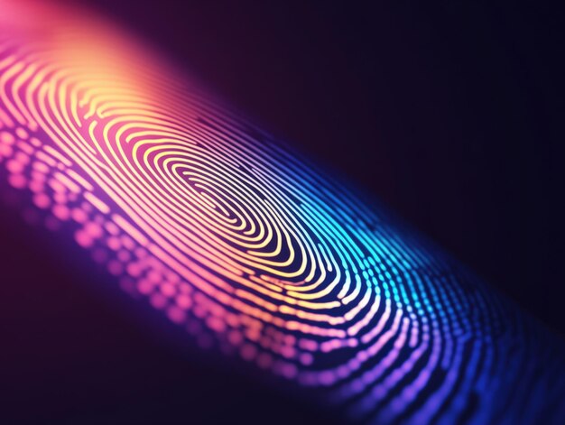 Photo vibrant fingerprint pattern overlaid in colorful neon shades against a dark background