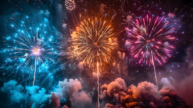 A vibrant fireworks display illuminating the night sky with colorful explosions for celebratory