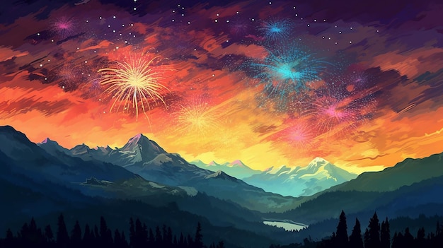 Vibrant fireworks at mountain range sunset Generative AI