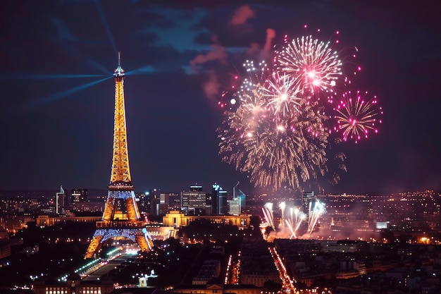 Vibrant Fireworks Over Parisian Skyline