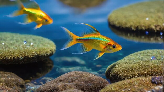 Vibrant fish swimming over textured rocks in a clear aquatic environment