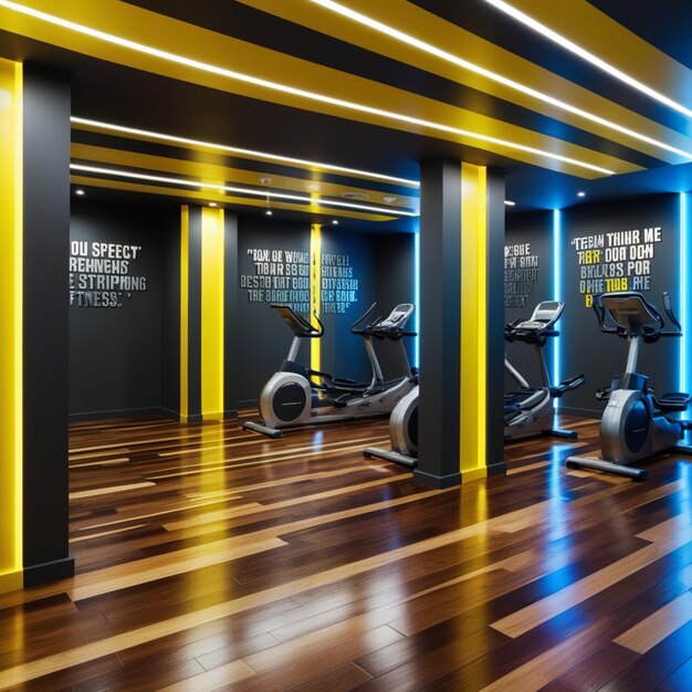 Photo a vibrant fitness room depicted in a bold mix of dark grey and yellow striped tones