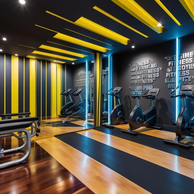 Photo a vibrant fitness room depicted in a bold mix of dark grey and yellow striped tones