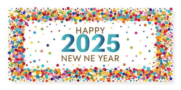 Vibrant Flat Colorful Confetti Frame Design for Celebrating Happy New Year 2025 on Isolated White Ba