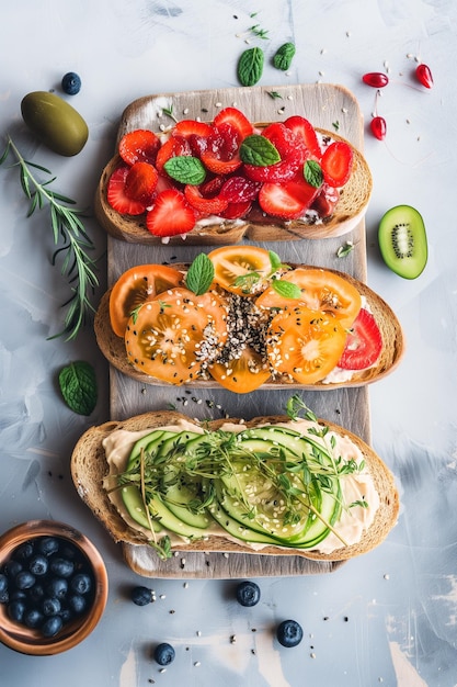 Vibrant flat lay of colorful sandwiches for tasty lunch spread