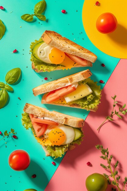 Photo vibrant flat lay of colorful sandwiches for tasty lunch spread