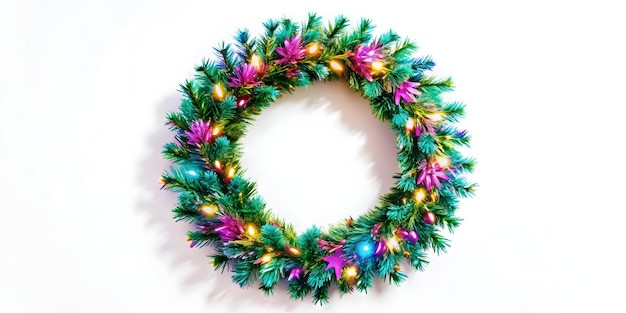 Photo vibrant flat macro illustration of holographic christmas wreath with colorful decorations on white b