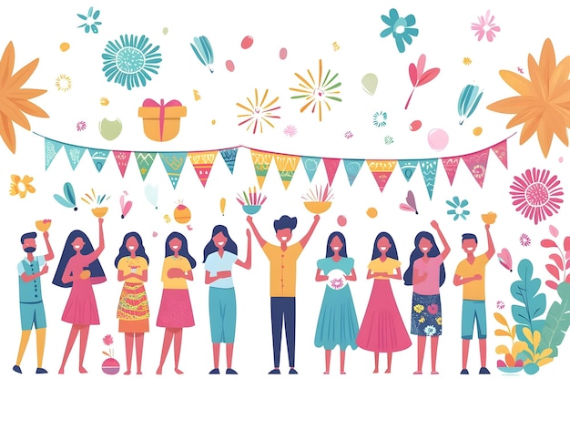 Vibrant Flat Vector Illustration of a Cultural Festival Participants Dancing Cooking and Creating