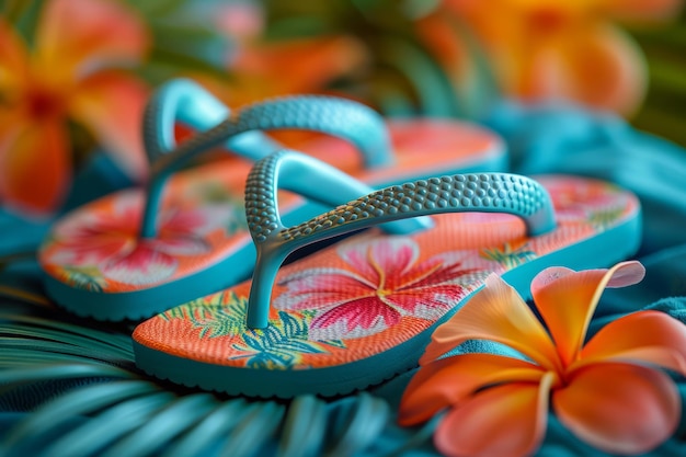 Vibrant flipflops amid tropical flora perfect for summer beachwear style and comfort