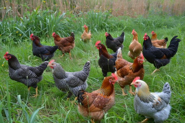 Photo a vibrant flock of chickens roaming freely in a lush green meadow during the golden hour of late afternoon generative ai