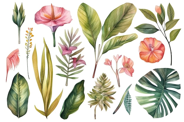 Vibrant Floral Art Collection of Watercolor Wild Tropical Leaves and Flowers for Summer Design