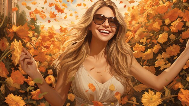 Vibrant Floral Backdrop Joyful Blonde Woman in Stylish Sunglasses Radiates Happiness