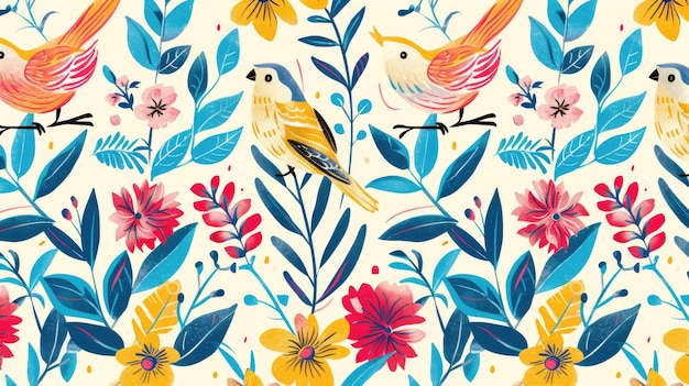 Photo vibrant floral and bird pattern