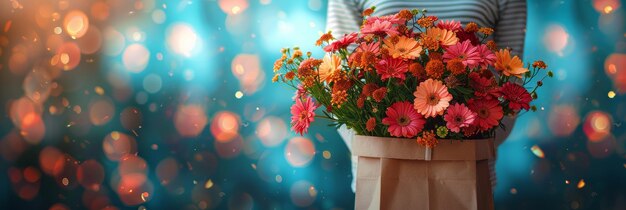 Vibrant Floral Bouquet on Kraft Paper Bag for Gift Wrapping Generative AI