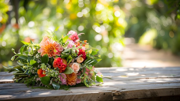 Vibrant Floral Bouquet on Rustic Wooden Table Setting the Scene for Romantic Outdoor Wedding