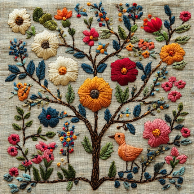 Vibrant Floral Embroidery with Bird Design