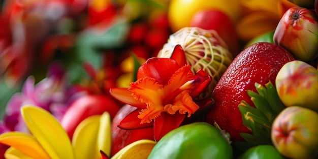 Vibrant Floral and Fruit Arrangement with Exotic Flowers and Fresh Produce