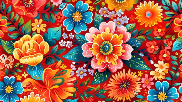 Vibrant Floral Pattern Inspired by Rich Mexican Folk Art Style