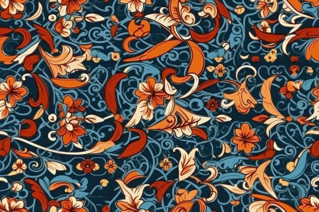 Vibrant floral pattern with a blue background and orange and red flowers Generative AI