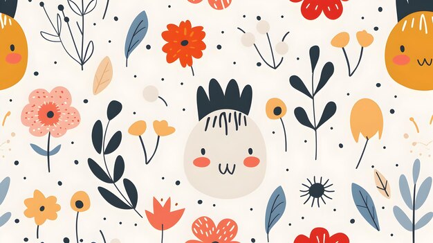 Vibrant Floral Pattern with Stylized Botanical Elements