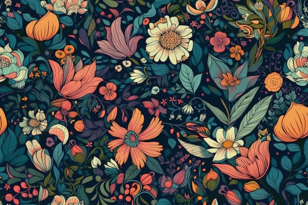 Vibrant floral pattern with a variety of colorful flowers created with Generative AI technology