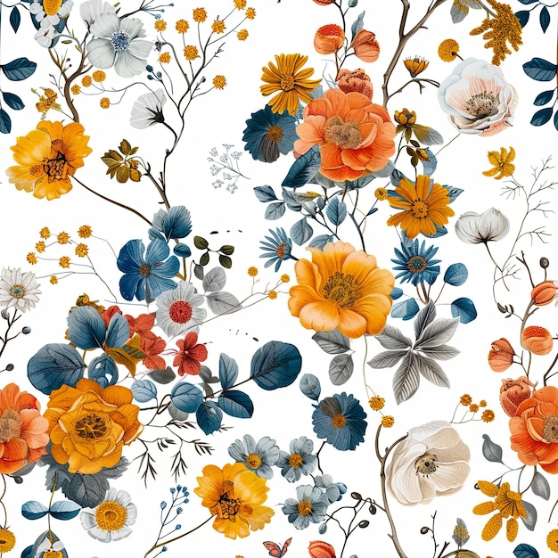 Vibrant Floral Pattern With Yellow Orange and Blue Flowers on White Background