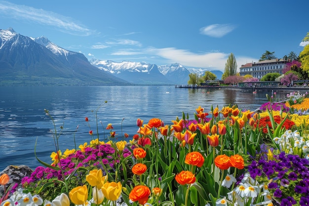 A vibrant flower garden on the banks of Lake Webb in Ch nothing with mountains and blue sky in background