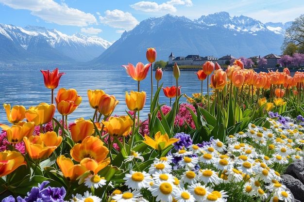 A vibrant flower garden on the banks of Lake Webb in Ch nothing with mountains and blue sky in background