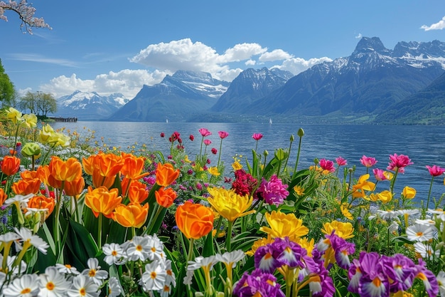 A vibrant flower garden on the banks of Lake Webb in Ch nothing with mountains and blue sky in background