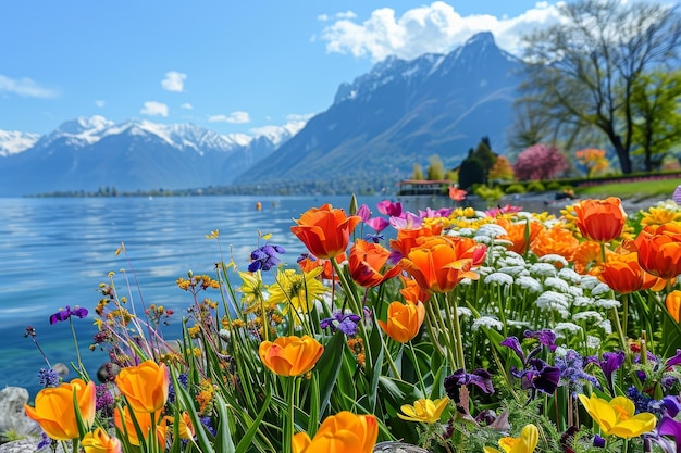 A vibrant flower garden on the banks of Lake Webb in Ch nothing with mountains and blue sky in background