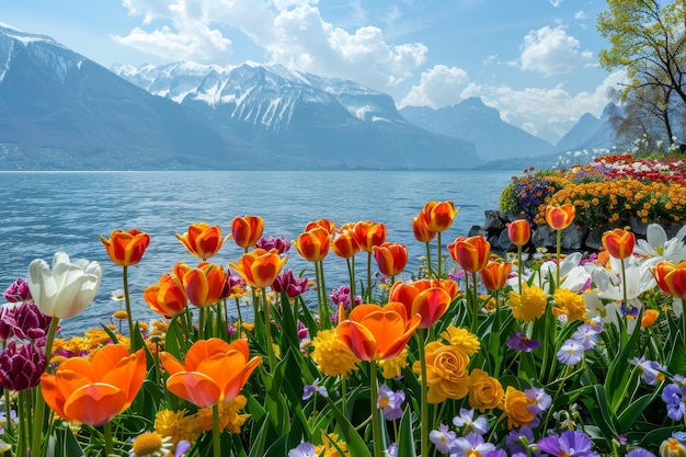 A vibrant flower garden on the banks of Lake Webb in Ch nothing with mountains and blue sky in background