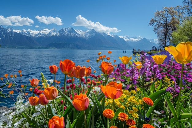 A vibrant flower garden on the banks of Lake Webb in Ch nothing with mountains and blue sky in background