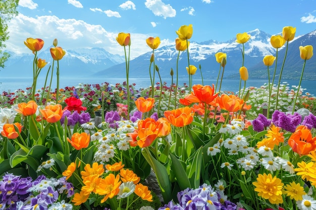 A vibrant flower garden on the banks of Lake Webb in Ch nothing with mountains and blue sky in background