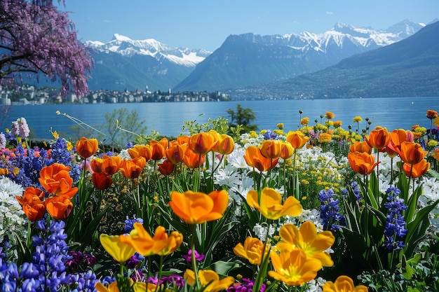 A vibrant flower garden on the banks of Lake Webb in Ch nothing with mountains and blue sky in background