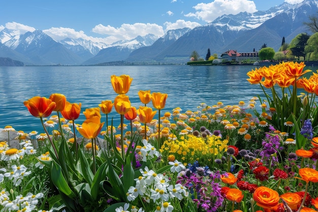 A vibrant flower garden on the banks of Lake Webb in Ch nothing with mountains and blue sky in background