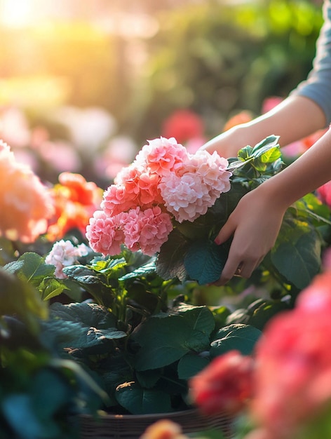 Photo vibrant flower garden hands picking beautiful begonias in bloom