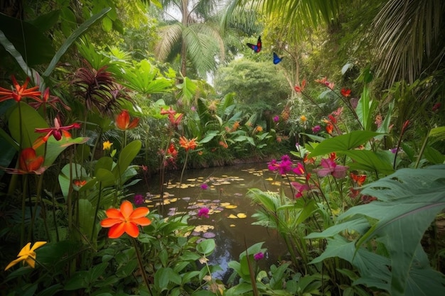 Vibrant flower garden in jungle with dragonflies and butterflies created with generative ai