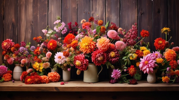 vibrant flowers arranged on a wooden background the natural beauty of the blooms complementing the rustic warmth of the wood