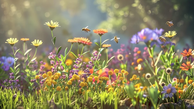 Vibrant flowers bloom in a riot of colors in the springtime meadow