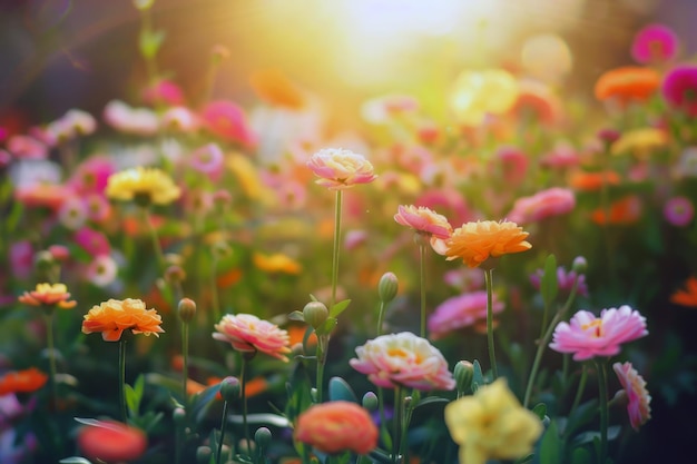 Vibrant flowers blooming in garden soaking up the summer sunshine