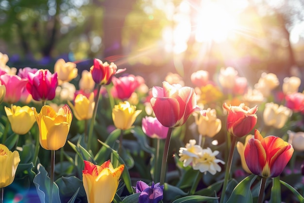 Vibrant flowers blooming in garden soaking up the summer sunshine