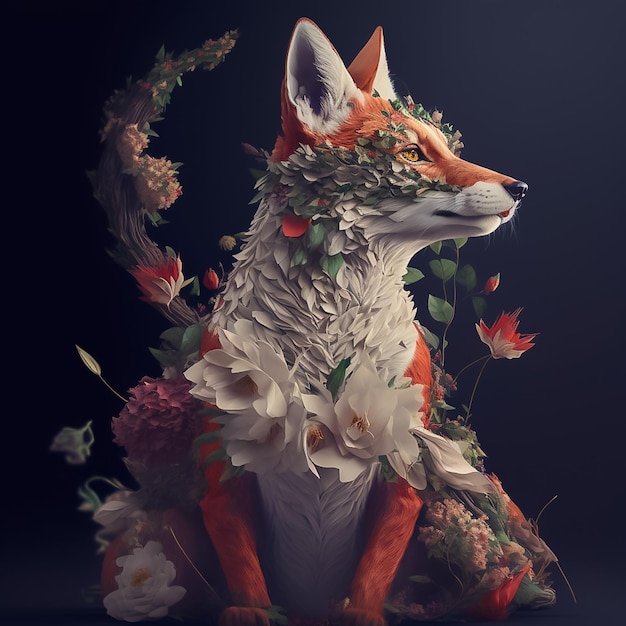 Vibrant Flowers and Vines Surround Realistic Fox AI Generated