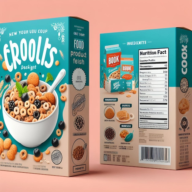 Photo vibrant food product box mockup eyecatching design with nutrition facts imagery