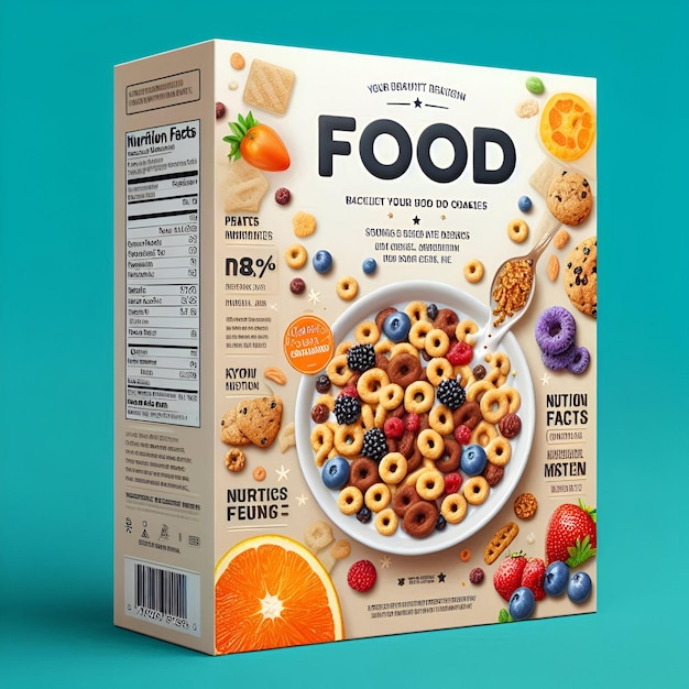 Photo vibrant food product box mockup eyecatching design with nutrition facts imagery