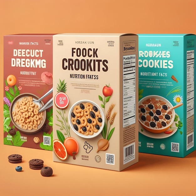 Photo vibrant food product box mockup eyecatching design with nutrition facts imagery